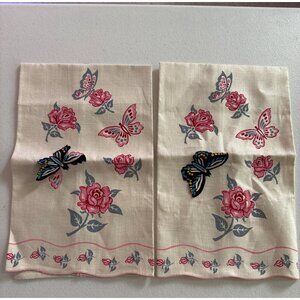 Vintage Linen Tea Towels With Rose & Butterfly Design 3D Effect Embroidered lace